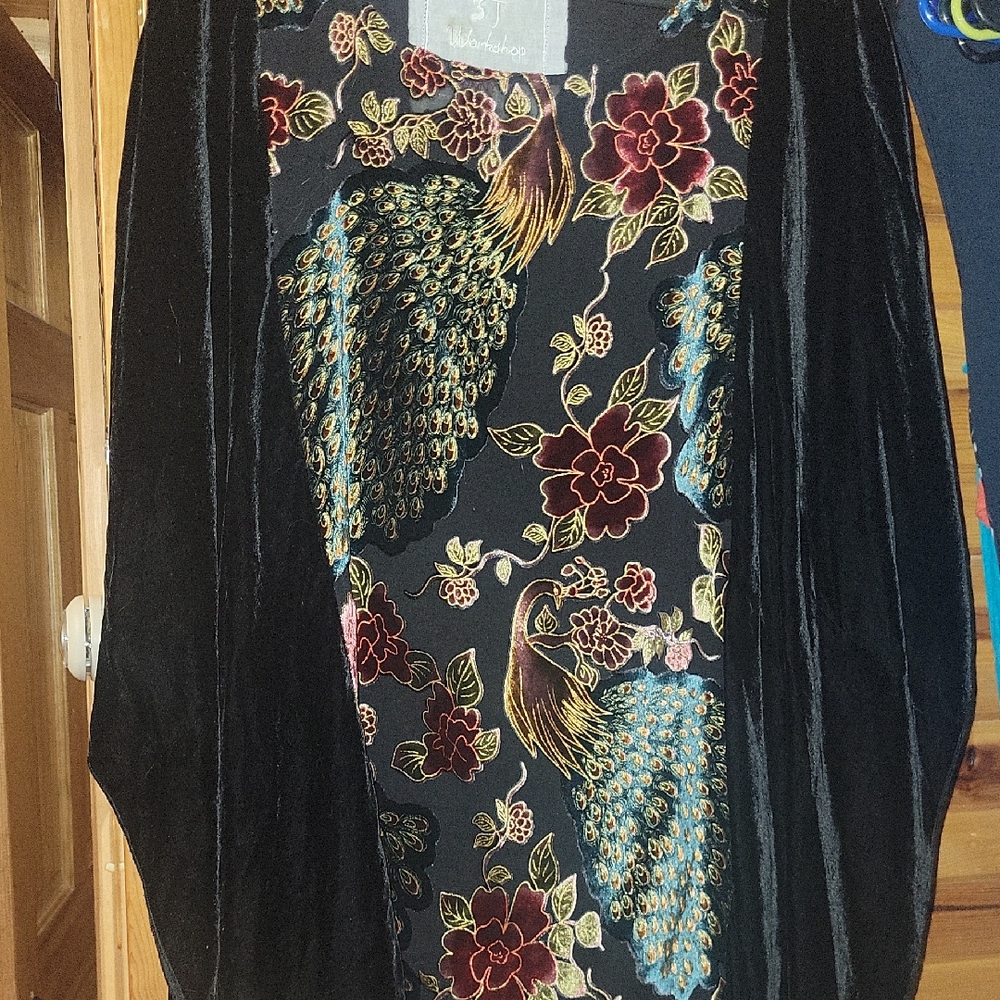 Johnny Was Black Velvet Poncho with Peacock & Floral Embroidery